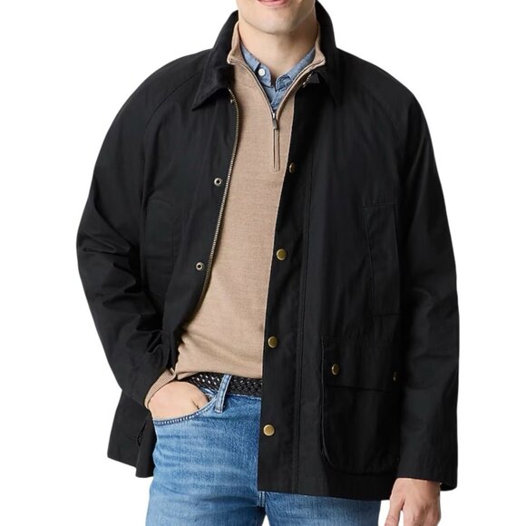 J.Crew Field Jacket Mens Size M Full Zip Snap Buttons Corduroy Collar Black NEW